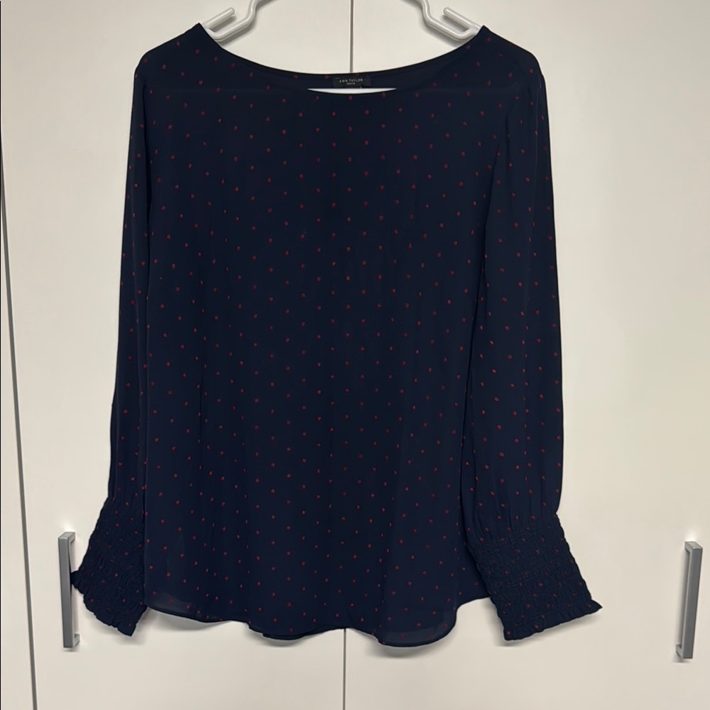 Ann Taylor Blue and Red Polkadot Relaxed Ruffled Blouse